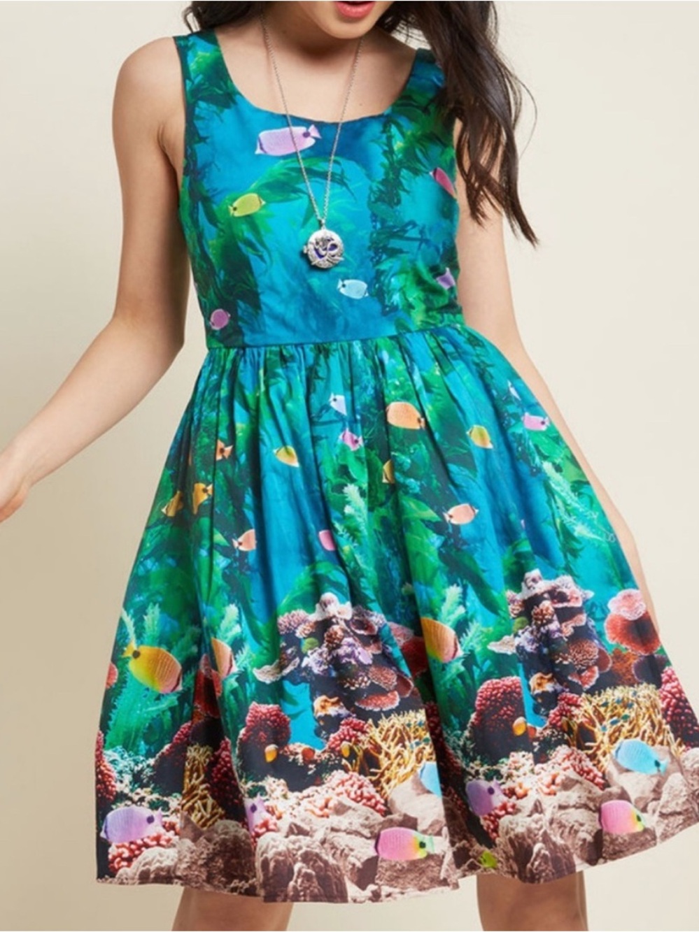 ModCloth Under the Sea Aquarium Novelty Print Fit & Flare Dress M